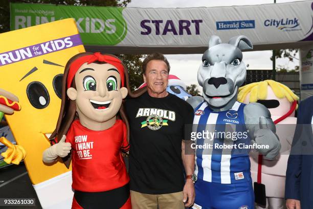 Arnold Schwarzenegger prepares to start the Run for the Kids charity run as part of the Arnold Sports Festival Australia at the Alexander Gardens on...