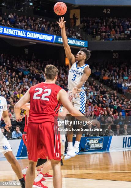 Hamidou Diallo of the Kentucky Wildcats gets a clear shot off during the NCAA Division I Men's Championship First Round game between the Kentucky...