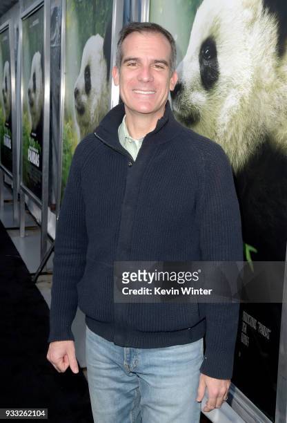 Los Angeles Mayor Eric Garcetti arrives at the premiere of Warner Bros. Pictures And IMAX Entertainment's "Pandas" at the Chinese Theatre on March...
