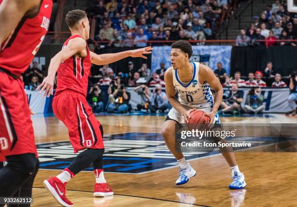 Quade Green of the Kentucky Wildcats moves around the perimeter during the NCAA Division I Men's Championship First Round game between the Kentucky...