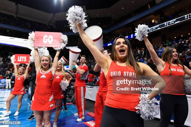 The Ohio State cheerleaders cheering on crowd before the game against the Gonzaga Bulldogs in the second round of the 2018 NCAA Photos via Getty...