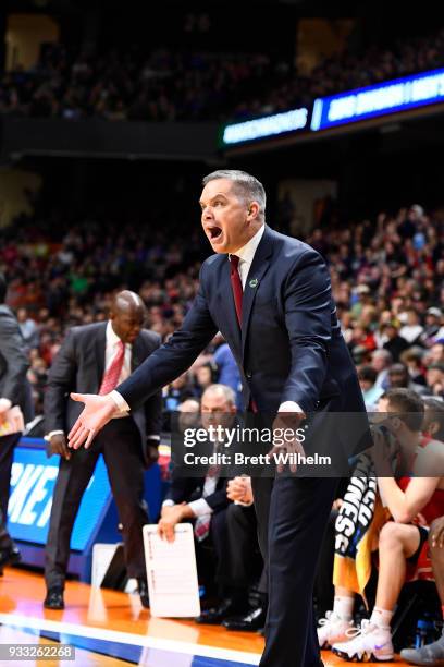 Head coach Chris Holtmann of the Ohio State Buckeyes reacts to a play on the court during the first half against the Gonzaga Bulldogs in the second...