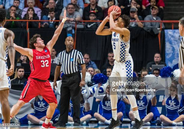 Rusty Reigel of the Davidson Wildcats goes up for a block against the shot by F Kevin Knox of the Kentucky Wildcats during the NCAA Division I Men's...