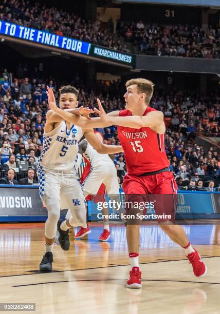 Kevin Knox of the Kentucky Wildcats anticipates a pass to F Oskar Michelsen of the Davidson Wildcats during the NCAA Division I Men's Championship...