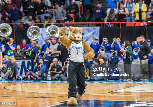 The Kentucky Wildcats mascot puts up a victory signal during the NCAA Division I Men's Championship First Round game between the Kentucky Wildcats...