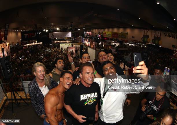 Arnold Schwarzenegger greets fans during the Arnold Sports Festival Australia at The Melbourne Convention and Exhibition Centre on March 18, 2018 in...