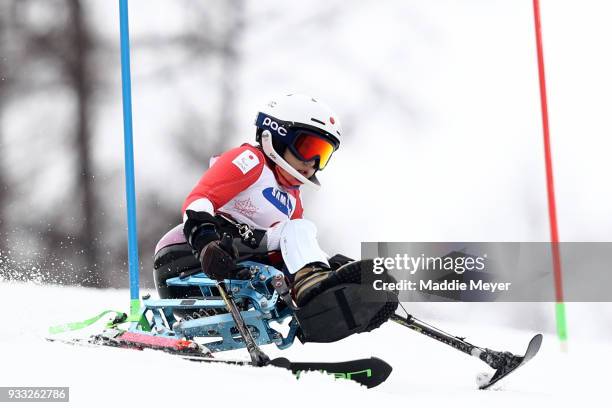 Momoka Muraoka of Japan competes in the competes in the Women's Sitting Slalom at Jeongseon Alpine Centre on Day 9 of the PyeongChang 2018 Paralympic...