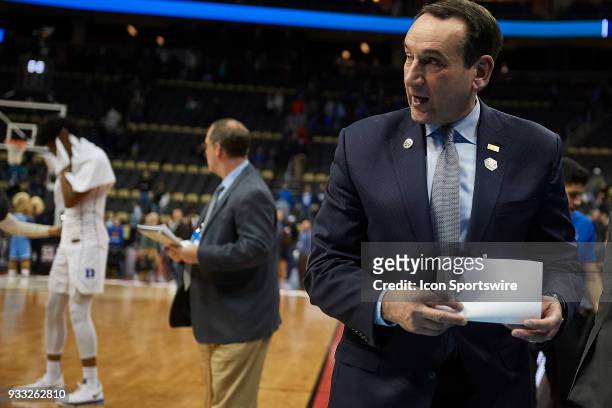 Duke Blue Devils head coach Mike Krzyzewski walks off the court after the win in the second round of the NCAA Division I Men's Championships between...