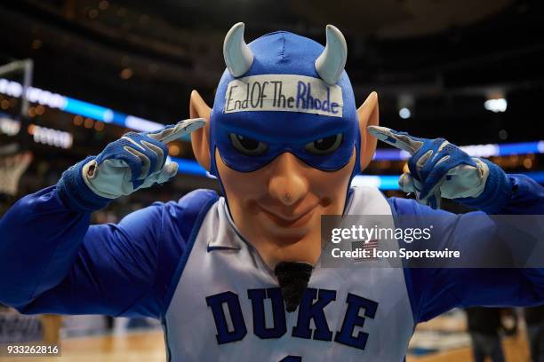 Duke Blue Devils mascot Blucifer enjoys the win after the second round game of the NCAA Division I Men's Championships between the Duke Blue Devils...