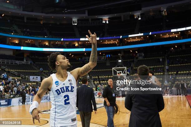 Duke Blue Devils guard Gary Trent Jr. Celebrates after their second round win of the NCAA Division I Men's Championships between the Duke Blue Devils...
