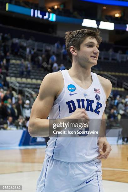 Duke Blue Devils guard Grayson Allen celebrates after their second round win of the NCAA Division I Men's Championships between the Duke Blue Devils...