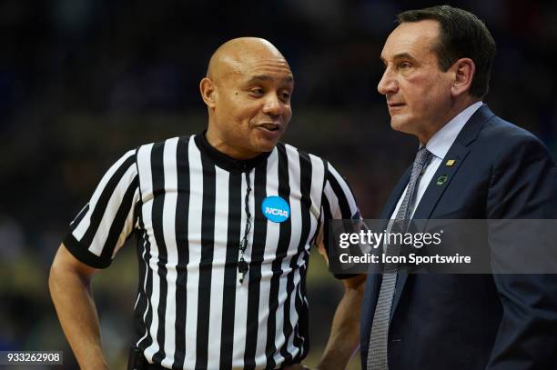 Duke Blue Devils head coach Mike Krzyzewski chats with the referee during the second half of the second round of the NCAA Division I Men's...