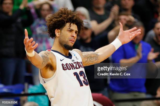 Josh Perkins of the Gonzaga Bulldogs celebrates during the second half against the Ohio State Buckeyes in the second round of the 2018 NCAA Men's...