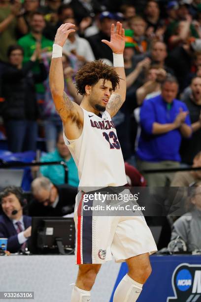 Josh Perkins of the Gonzaga Bulldogs celebrates during the second half against the Ohio State Buckeyes in the second round of the 2018 NCAA Men's...