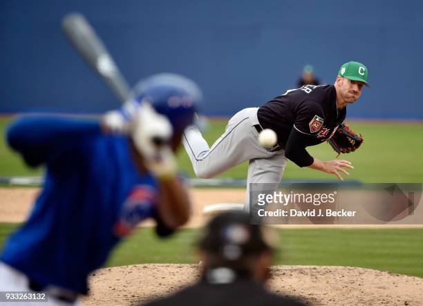 Zach McAllister of the Cleveland Indians pitches against the Chicago Cubs during an exhibition game at Cashman Field on March 17, 2018 in Las Vegas,...