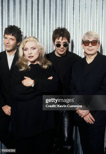 Posed group portrait of American band Blondie circa 1997. Left to right are drummer Clem Burke, singer Debbie Harry, keyboard player Jimmy Destri and...