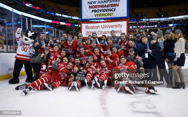 The Boston University Terriers celebrate winning the Hockey East Championship against the Providence College Friars 2-0 after NCAA hockey in the...