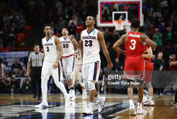 Zach Norvell Jr. #23 of the Gonzaga Bulldogs reacts after defeating the Ohio State Buckeyes 90-84 in the second round of the 2018 NCAA Men's...