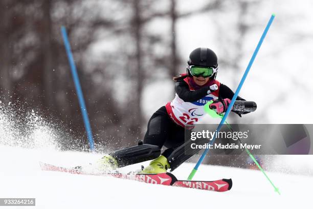 Mariia Papulova of Neutral Paralympic Athlete competes in the Women's Slalom at Jeongseon Alpine Centre on Day 9 of the PyeongChang 2018 Paralympic...