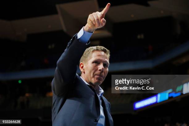 Head coach Mark Few of the Gonzaga Bulldogs reacts after defeating the Ohio State Buckeyes 90-84 in the second round of the 2018 NCAA Men's...
