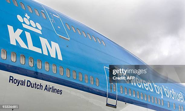 The KLM airplane which runs on biokerosene is seen at Schiphol airport, near Amsterdam, on November 23, 2009. A Boeing 747, one of four engines...