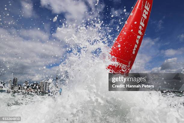 Mapfre heads through big waves during the start of leg seven of the Volvo Ocean Race on March 18, 2018 in Auckland, New Zealand.