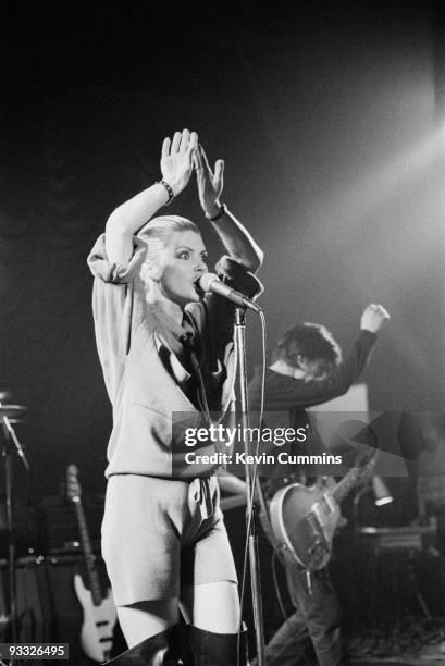 Singer Debbie Harry and guitarist Chris Stein of American band Blondie perform on stage at King George's Hall in Blackburn on February 23, 1978.