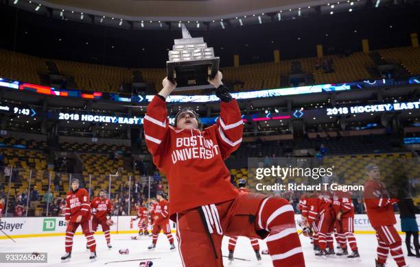Patrick Curry of the Boston University Terriers celebrates after being named most valuable player after the Terriers won the Hockey East Championship...