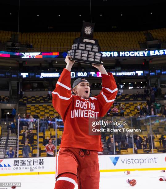 Bobo Carpenter of the Boston University Terriers celebrates after the Terriers won the Hockey East Championship 2-0 against the Providence College...