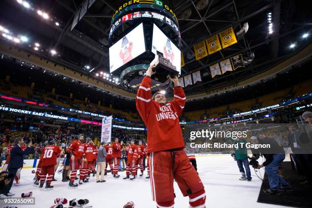 Nikolas Olsson of the Boston University Terriers celebrates after the Terriers won the Hockey East Championship 2-0 against the Providence College...
