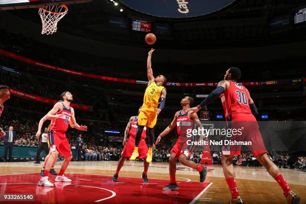 Joe Young of the Indiana Pacers shoots the ball against the Washington Wizards on March 17, 2018 at Capital One Arena in Washington, DC. NOTE TO...