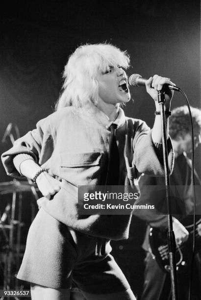 Singer Debbie Harry of American band Blondie performs on stage at King George's Hall in Blackburn on February 23, 1978.