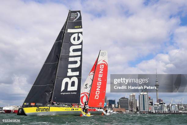 Brunel and Dongfeng Race Team during the start of leg seven of the Volvo Ocean Race on March 18, 2018 in Auckland, New Zealand.