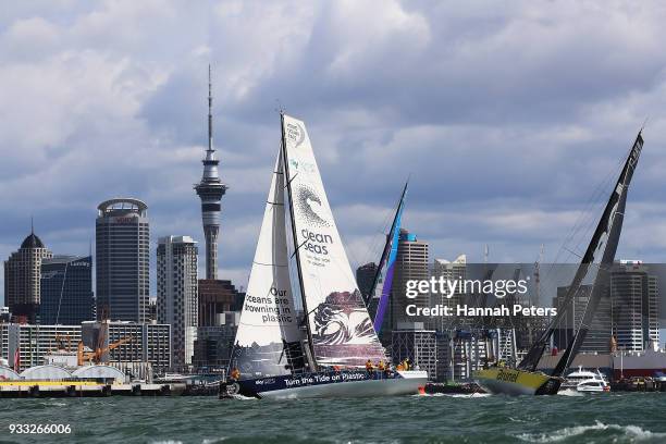 Turn the Tide on Plastic and Team Brunel during the start of leg seven of the Volvo Ocean Race on March 18, 2018 in Auckland, New Zealand.