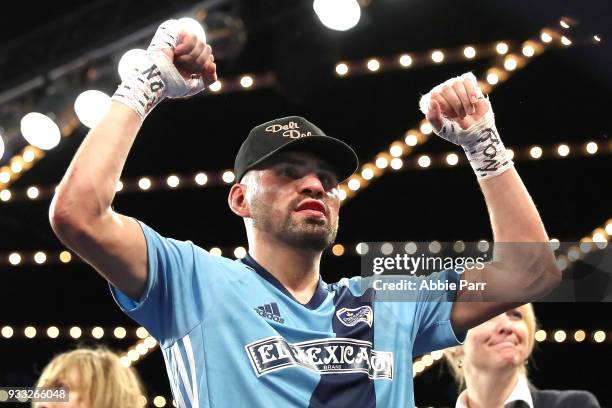 Jose Ramirez celebrates after defeating Amir Imam during their WBC junior welterweight fight at The Theatre at Madison Square Garden on March 17,...
