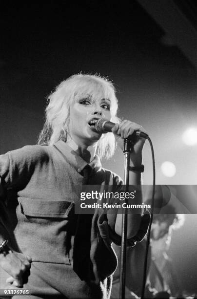 Singer Debbie Harry of American band Blondie performs on stage at King George's Hall in Blackburn on February 23, 1978.