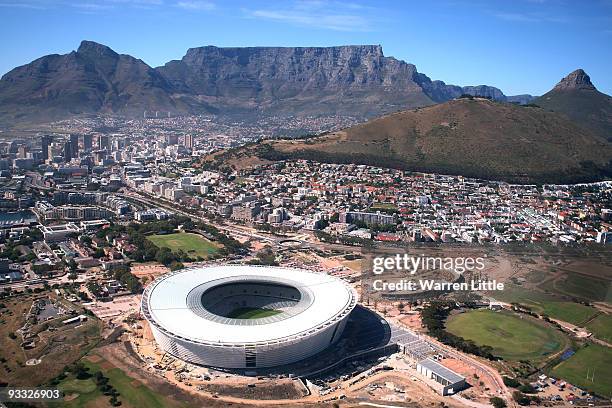 Aerial views of the new Cape Town Stadium from the top of Table Mountain as Cape Town prepares for the FIFA World Cup draw, November 23, 2009 in Cape...