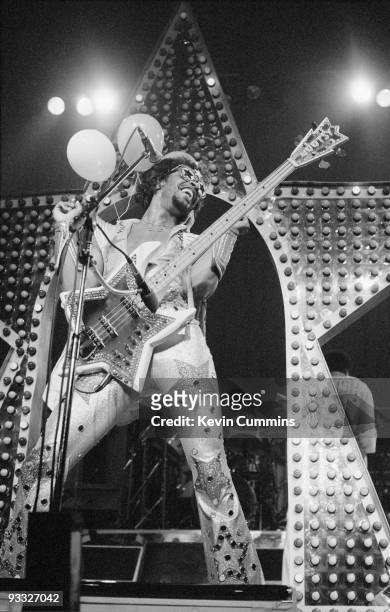 American funk bass player and singer Bootsy Collins performs on stage with Bootsy's Rubber Band at the Manchester Apollo on June 23, 1978.