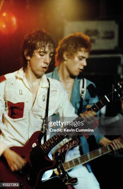 Mick Jones and Paul Simonon of English punk band The Clash perform on stage Elizabethan Hall, Belle Vue, Manchester in December 1977.