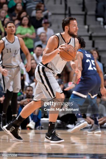 Joffrey Lauvergne of the San Antonio Spurs handles the ball against the Minnesota Timberwolves on March 17, 2018 at the AT&T Center in San Antonio,...