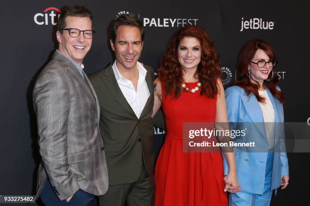 Actors Sean Hayes, Eric McCormack, Debra Messing and Megan Mullally attends the 2018 PaleyFest Los Angeles - NBC's "Will & Grace" at Dolby Theatre on...