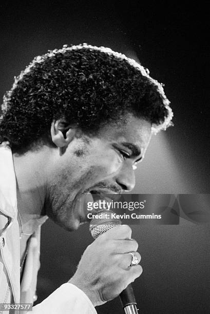 American rapper and DJ Kurtis Blow performs on stage at the Hacienda Club in Manchester on January 24, 1983.