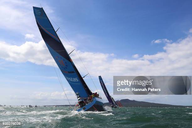 Vestas 11th Hour Racing races during leg seven of the Volvo Ocean Race on March 18, 2018 in Auckland, New Zealand.