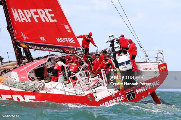 Mapfre leads out during the start of leg seven of the Volvo Ocean Race on March 18, 2018 in Auckland, New Zealand.