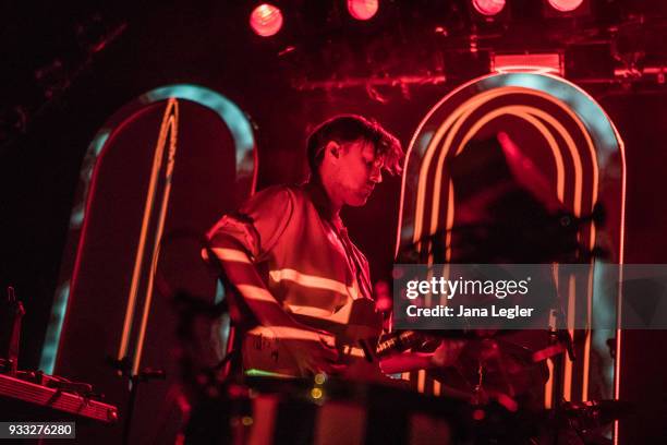 Singer Vincent Neff of Django Django performs live on stage during a concert at the Festsaal Kreuzberg on March 17, 2018 in Berlin, Germany.