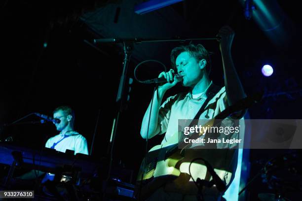 Tommy Grace and Vincent Neff of Django Django perform live on stage during a concert at the Festsaal Kreuzberg on March 17, 2018 in Berlin, Germany.