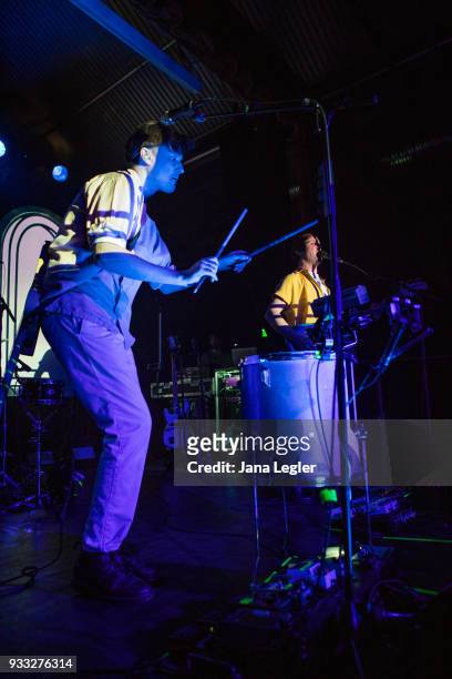 Vincent Neff and Jimmy Dixon of Django Django perform live on stage during a concert at the Festsaal Kreuzberg on March 17, 2018 in Berlin, Germany.