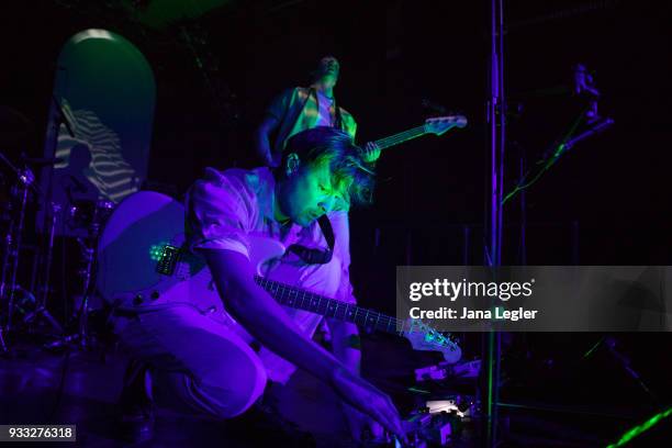 Vincent Neff and Jimmy Dixon of Django Django perform live on stage during a concert at the Festsaal Kreuzberg on March 17, 2018 in Berlin, Germany.