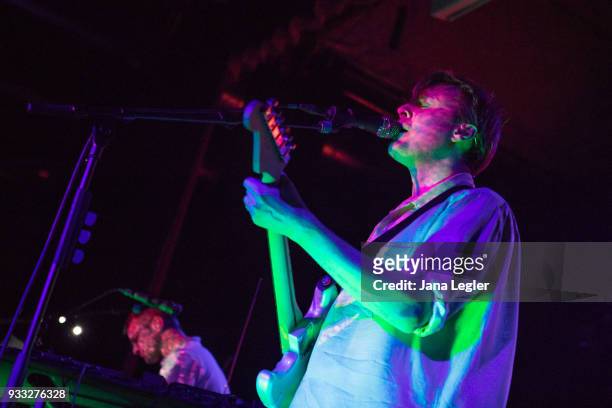 Tommy Grace and Vincent Neff of Django Django perform live on stage during a concert at the Festsaal Kreuzberg on March 17, 2018 in Berlin, Germany.