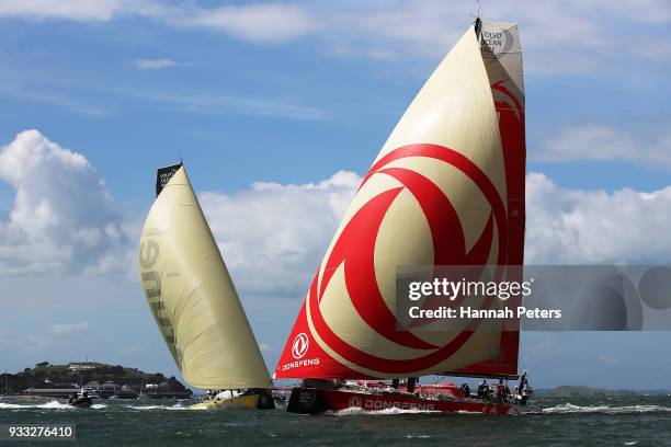 Team Brunel and Dongfeng Race Team during the start of leg seven of the Volvo Ocean Race on March 18, 2018 in Auckland, New Zealand.